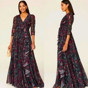 Badgley Mischka Pleated Floral Gown